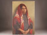 painting of a woman in a red shawl with her hands crossed