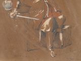 drawing of a man sitting on a stool with a glass in his hand