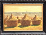 an oil painting of straw bales in a field with mountains in the background