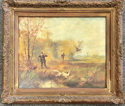 an oil painting of two men and a dog in a field