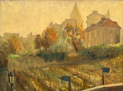 une peinture représentant un bâtiment situé sur une colline près d'un champ