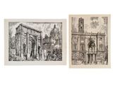 deux dessins représentant un bâtiment et un bâtiment doté d'une tour horloge