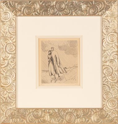 une image représentant un dessin d'un homme et d'une femme marchant sous la pluie