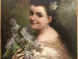 tableau représentant une femme tenant un bouquet de fleurs à la main
