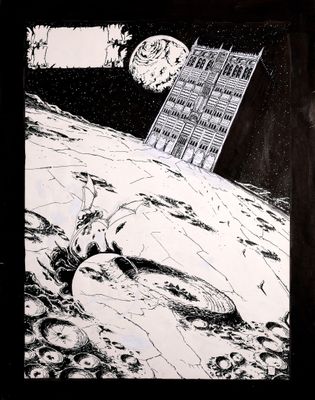 un dessin en noir et blanc représentant une station spatiale sur une planète