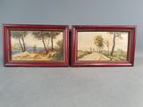 une paire de peintures à l'huile représentant une route de campagne et des arbres
