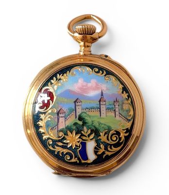 une image représentant une montre de poche sur laquelle figure l'image d'un château