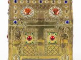 an image of a gold box with jewels and gems on it