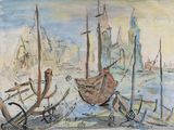 une peinture représentant un bateau dans l'eau avec d'autres bateaux à l'arrière-plan