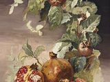 une peinture à l'huile représentant des grenades et des feuilles posées sur une table