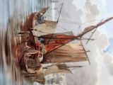 a painting of a boat in the water with people on it