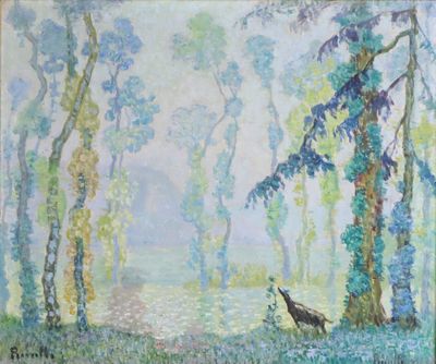 a painting of a bird standing in the middle of a forest