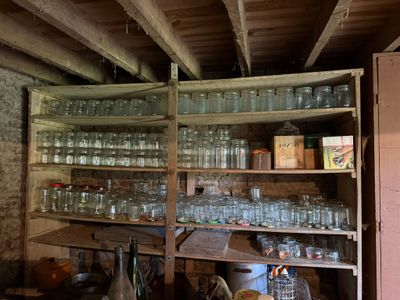 une étagère remplie de verres et de bouteilles vides dans une pièce