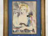 tableau représentant une femme en robe bleue tenant un chat dans ses bras