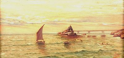 a painting of a boat in the water with a bridge in the background