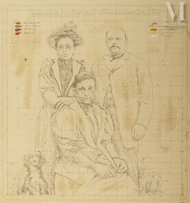 an old drawing of three men and a woman sitting on a bench
