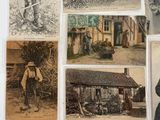 several old black and white photographs of people and buildings