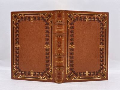 un livre en cuir marron avec des bordures dorées et un motif décoratif