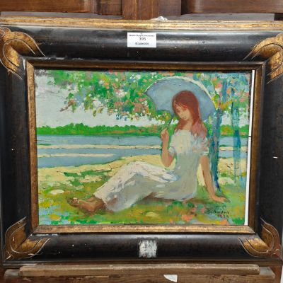a painting of a woman sitting under a tree with an umbrella