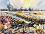 a painting of a boat in the middle of a field