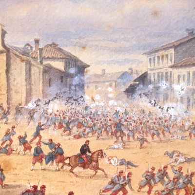 tableau représentant un grand groupe d'hommes à cheval sur la place d'une ville
