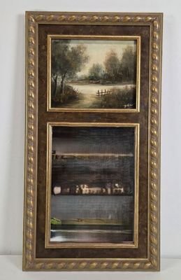 two framed paintings of a landscape with a river in the background