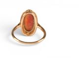 a close up of a gold ring with a red stone in it