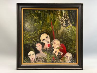 tableau représentant un groupe de personnes dans une forêt, entourées de crânes