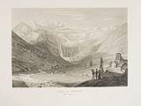 une vieille image représentant un paysage de montagne avec des personnes et des animaux