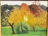 an oil painting of a field with trees and grass in the foreground
