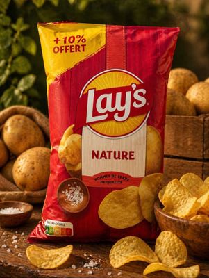 un paquet de chips Lays posé sur une table en bois