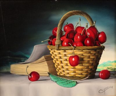 a painting of a basket of cherries on a table