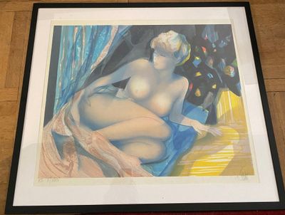 painting of a nude woman sitting on a couch in front of a window