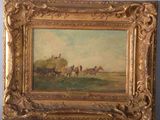 an old painting of horses pulling a wagon with people on it