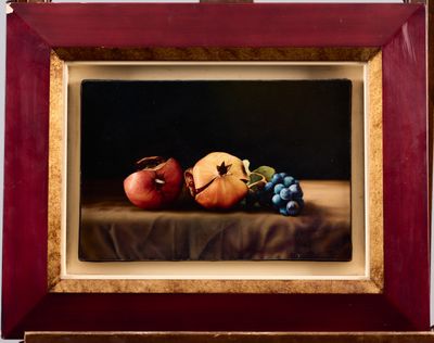 un tableau représentant une nature morte avec des fruits sur une table