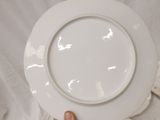a person holding a white plate with a flower design on it