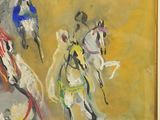 a painting of three people riding horses on a yellow background