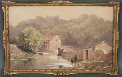 l'image d'une peinture représentant une rivière avec une maison à l'arrière-plan