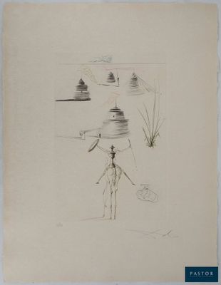 drawing of a man standing in front of a body of water with mountains in the background