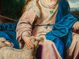 painting of a woman sitting on a bed with a sheep and a dove
