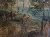 a painting of a group of people in a wooded area
