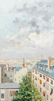 a painting of a view of a city from a window