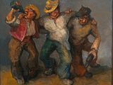 painting of three men with hats and ties dancing in a group