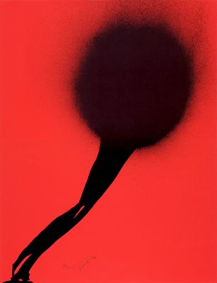 a black and red poster with a silhouette of a person holding a ball
