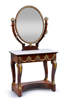 an image of a wooden table with a mirror on top of it