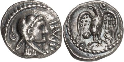 a silver coin with an image of a woman and a bird on it