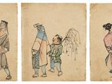 three drawings of people in different outfits and hats, one of them holding a sword