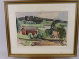 aquarelle encadrée représentant une scène de ferme avec une grange rouge