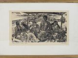 painting of a group of men on a boat with a dog