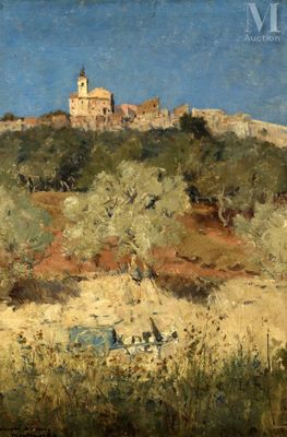 peinture représentant un paysage avec une église au loin, sur une colline